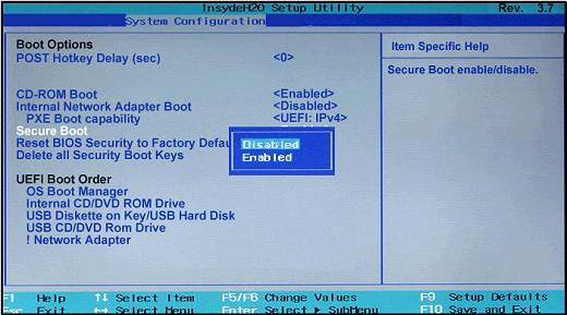 В базовой системе ввода-вывода (BIOS) активирован параметр «SecureBoot»